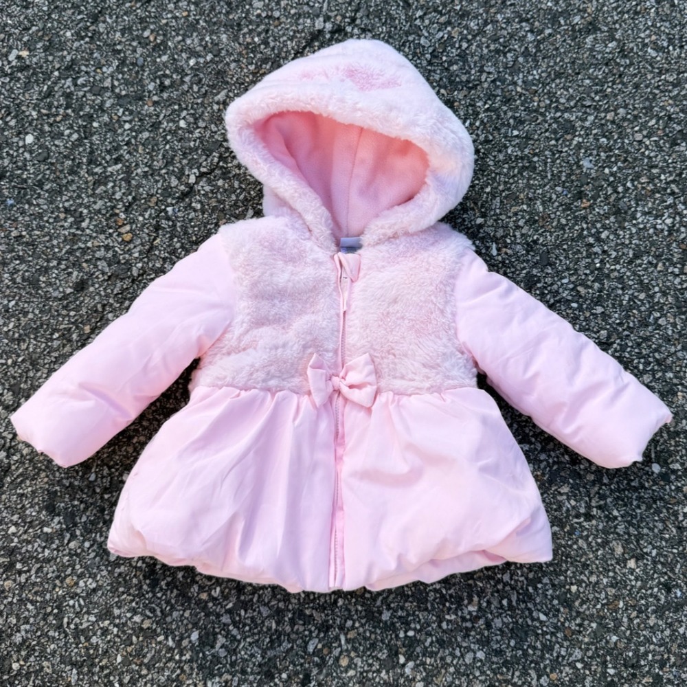 Little Me Baby Girls Pink Faux Fur Puffer Jacket Hooded Peplum Coat 12M